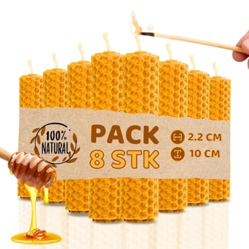 DECEVI Bienenwachskerzen Honigwabe – 8 Stück – 100% Natürliches spanisches Bienenwachs – Handgefertigt & Ohne Paraffin – Nachhaltige Kerzen für Zuhause (8 Stück, 10 cm x 2,2 cm) Bio Öko