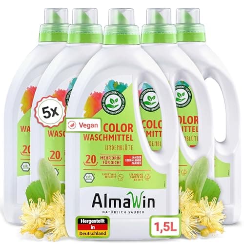AlmaWin® Color Waschmittel flüssig 5x1,5L - 100 Ladungen mit Lindenblüten-Duft für strahlende Reinheit – Bio Waschmittel Color anwendbar für 30-60° – Veganes Flüssigwaschmittel Bio Öko Vegan