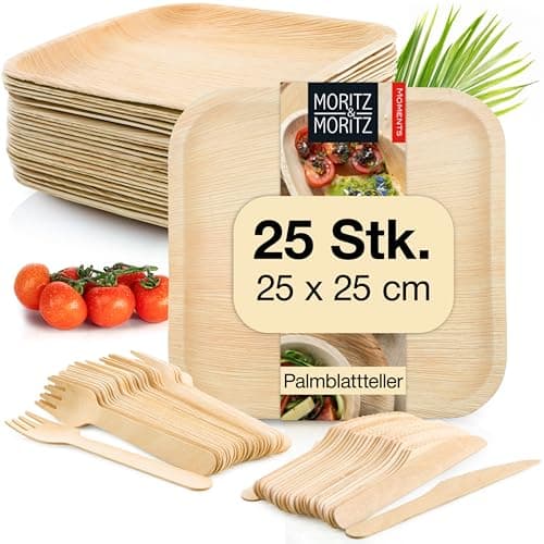 Moritz & Moritz Nachhaltiges Palmblatt Geschirrset für 25 Personen - 25 Teller Einweg 25 x 25 cm - 25 Holzbesteck Einweg - Alternative zu Bambusteller und Bambus Geschirrset Bio Öko