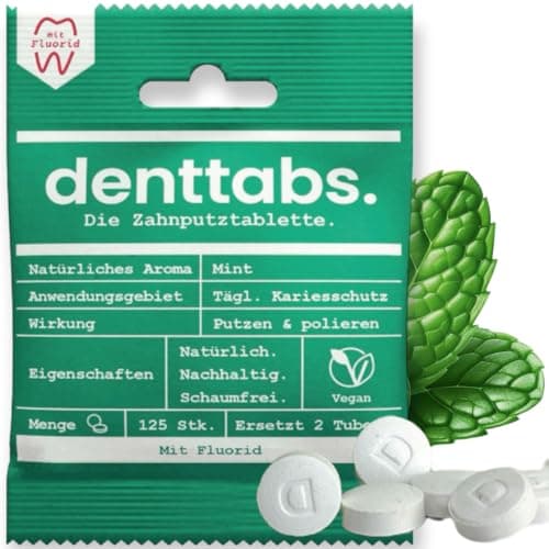 Denttabs Zahnputztabletten die vollwertige Alternative zur Zahnpasta, 125 Stk. für 2 Monate. Mint mit Fluorid - VEGAN Plastikfrei ohne Konservierungsstoffe. Im Orginal denttabs kompostierbaren Beutel - Vegan