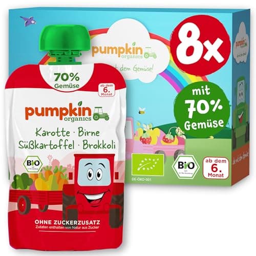 Pumpkin Organics Bio Gemüse-Quetschies 8er Pack Karotte, Birne, Süßkartoffel, Brokkoli ohne Zuckerzusatz¹ - ab dem 6. Monat - als Snack oder Beikost für unterwegs - glutenfrei (8x100g) Bio Vegan