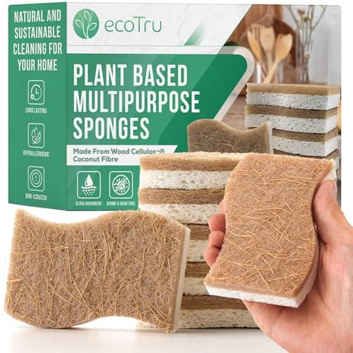 ecoTru 6 Stück Bio Spülschwamm Aus Kompostierbarer Zellulose und Kokos, Natur Reinigungsschwamm, öko und Nachhaltig Küchenschwamm, Umweltfreundlich Kitchen Sponge, Biologisch Abbaubar Geschirrschwamm Bio Öko Vegan