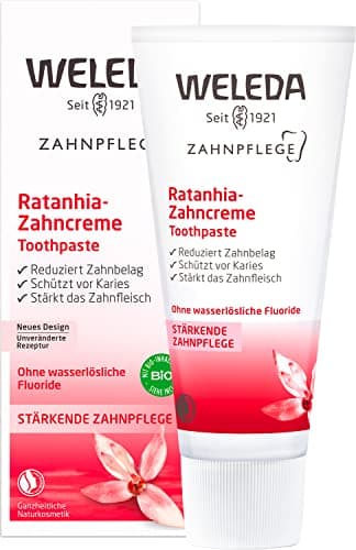 WELEDA Bio Ratanhia Zahnpasta - fluoridfreie Naturkosmetik Zahncreme zur natürlichen Zahnpflege. Sanfte Zahnreinigung stärkt das Zahnfleisch, schützt vor Karies & entfernt Zahnbelag (vegan / 75ml) Bio Öko Vegan