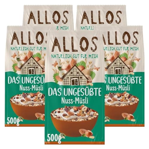 Allos Das Ungesüßte Nuss-Müsli | Bio Müsli | Nuss Müsli | Haferflocken | Frühstückscerealien | vegan | 5er Pack (5 x 500g), 1 Stück (5er Pack) Bio Vegan