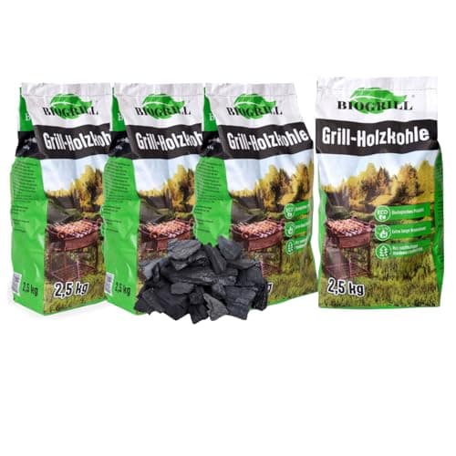 BIOGRILL Grill Holzkohle 10 kg (4 Packungen je 2,5 kg) aus Buche/Eiche/Esche – BBQ Kohle für Holzkohlegrill, Steakhouse – Premium Qualität, Hartholz Grillkohle für Perfektes Grill, Charcoal Bio