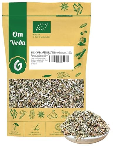 BIO Schafgarbenblüten geschnitten 200g | Millefolii flos conc. bio | Getrocknetes Yarrow Kraut für Tee, Bäder & Naturanwendungen | DE-ÖKO-039 zertifiziert | Ohne Zusätze | von OmVeda Bio Öko Vegan