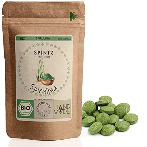 SPINTZ® 1000 Stk. Bio Spirulina Bio Presslinge 100% kontrolliert biologischer Anbau | Vegane Spirulina Tabletten 250mg/Tab | Plastikfrei und nachhaltig verpackte Spirulina Tabletten Bio Öko Vegan