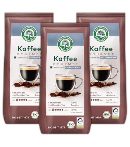 LEBENSBAUM 3 x Gourmet Bio Kaffee entkoffeiniert, gemahlen, Bio Kaffee aus Arabica -Bohnen gemahlen, Intensität 1/5, Harmonischer Hochlandkaffee, sanft, harmonisch, 3 x 250 g Bio Öko