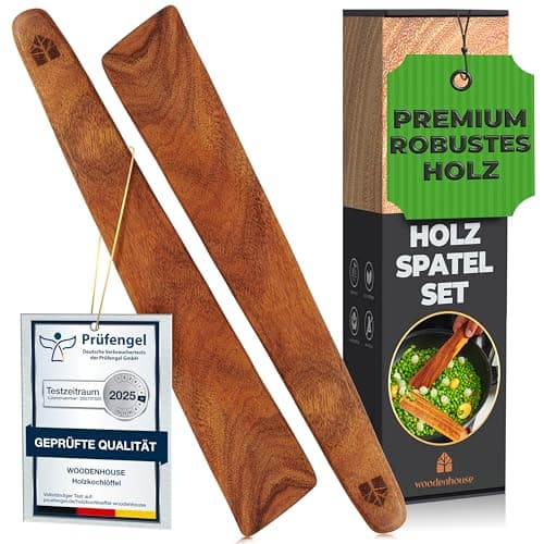 Pfannenwender Holz 2-teiliges Set für den täglichen Einsatz in der Küche. Robustes und nachhaltiges küchenhelfer Holz Set mit 30.5 cm langen 2 holzschaber für Pfannen Antihaftbeschichtung, BPA-Frei Öko