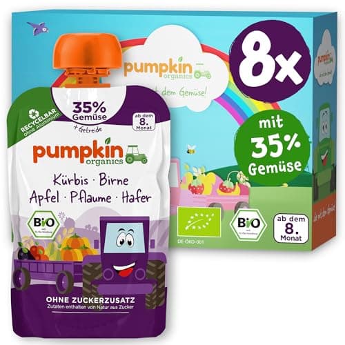 Pumpkin Organics Bio Gemüse-Getreide-Quetschies 8er Pack Kürbis, Birne, Apfel, Pflaume, Hafer ohne Zuckerzusatz¹ - ab dem 8. Monat - als Snack oder Beikost für unterwegs (8x100g) Bio Vegan