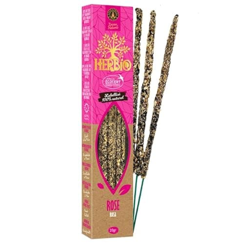 Fragrances & Sens - Natürliche Rose Räucherstäbchen Herbio, Handgemacht, Ecocert-Zertifiziert, Lange Brenndauer (60 Min) Bio Öko
