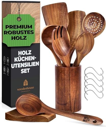Holz Kochbesteck-Set mit Halter, Pfannenwender Kochlöffel Schöpfkelle Nudelheber Servierlöffel Sieb – mit Haken, Halter und Ablage – 13-teiliges-Set Küchenset – hochwertig & nachhaltig Öko