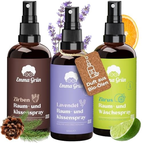 Emma Grün® Raumspray & Kissenspray Set 3x 100ml [BIO-QUALITÄT] - Ätherische Öle Geruchsneutralisierer - Für Auto Duft, Raumduft - Mit Bio Lavendelöl & Bio Zitronenöl Bio Öko