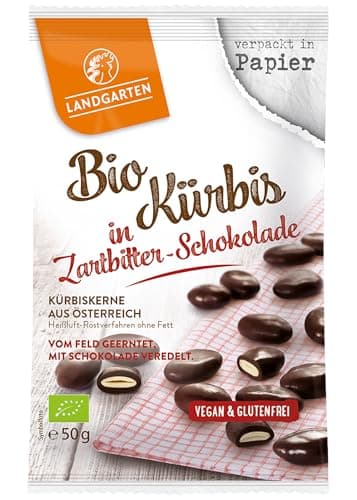 Landgarten Bio Kürbiskerne in Zartbitterschokolade – Veganer Schoko-Snack mit gerösteten Kürbiskernen – Magnesiumquelle – 1 x 50 g Bio Öko Vegan