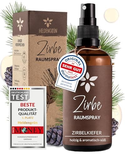 Heldengrün® Zirbenspray "Alpenzirbe" [ECHTES ZIRBENÖL] Dermatologisch getestet - Zirbenöl Spray - Holzig & frisch - Kissenspray & Raumspray Tannenduft - Zirbelkiefer aus Österreich Bio Öko