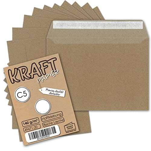 50x Vintage Brief-Umschläge DIN C5 Kraftpapier 140 gr - 229 x 162 mm - braun - innen grau - nachhaltiges Recyclingpapier - Haftklebung - UmWelt by GUSTAV NEUSER Öko