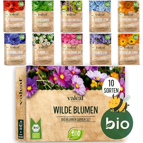 valeaf BIO Wilde Blumen Samen Set I 10 Sorten bienenfreundliche Blumensamen I Premium BIO Samen Blumen I Wildblumen Samen I Blumenmischung Samen I Bienen Weide Wiesenblumen Samen Bio
