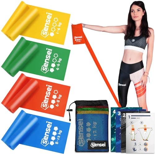 SENSEI® Fitnessbänder Set – 4 Widerstandsbänder mit unterschiedlichen Stärken, 2m Länge, Naturlatex für Gymnastik, Training & Reha