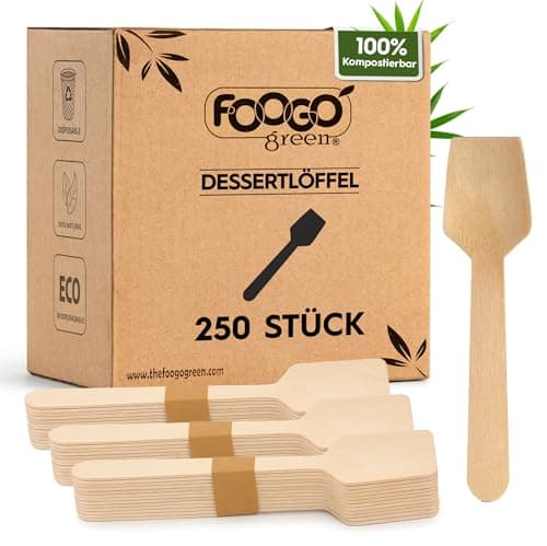 FOOGO Green Dessertlöffel Einwegbesteck 250-teilig, 9,5 cm – Nachhaltige Löffel aus Birkenholz – Holzbesteck kompostierbar & biologisch abbaubar – Einwegbesteck Holz ideal für Party & Picknick Bio Öko