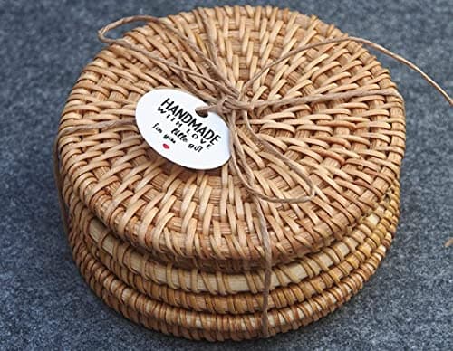 wooloow Rattan Untersetzer Gläser 6er Set, runde Glasuntersetzer Ø 10 cm, handgefertigte natürliche Getränkeuntersetzer für Getränke, Tassen, Bar, Glas, Vase, nachhaltige Tischuntersetzer Öko
