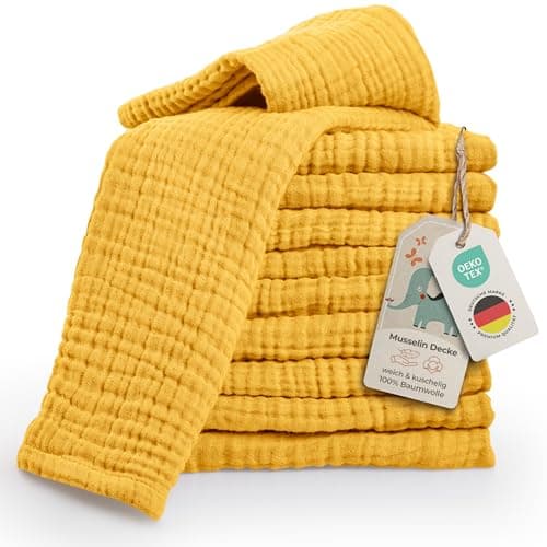 LAYNENBURG 10er-Set Premium Spucktücher Baby aus extra weichem Musselin - 100% Baumwolle - 30x50cm - Oeko Tex 100 - Musselin-tücher als Mulltücher, Mullwindeln oder Stoffwindeln (gelb) - Öko