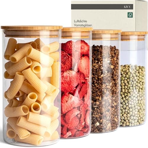 KIVY Vorratsgläser mit Deckel Luftdicht [4x 1200ml] - Vorratsdosen Glas mit Deckel - Glasbehälter mit Deckel - Müsli Aufbewahrung Küche - Vorratsglas mit Holzdeckel - Vorratsbehälter Glas Bambus Öko