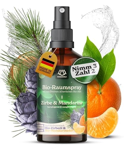 NORDHOLZ® Zirbe & Mandarinespray – BIO-Raumspray Zirbe-Mandarine – Natürlicher Raumduft für Kissen, Wohnräume & Schlafzimmer mit 100% naturreinem ätherischem BIO-Zirbe-Mandarinenöl – Kissenspray Bio