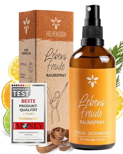 Heldengrün® Raumspray Zitrone "Lebensfreude" [ECHTE BIO-ÖLE] Dermatologisch getestet - Bio Raumduft für lebendige Frische - Textil Duftspray mit Zitrus & Zedernholz Bio Öko