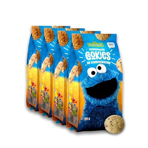 Sesamstrasse Bio Kekse mit Schokolade, Krümelmonster Cookies, 4 x 125g Beutel, Schokokekse, Großpackung, leckerer Snack als Knabberartikel, bio, vegan (4er Pack) Bio Öko Vegan