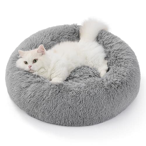 BEDSURE Hundebett waschbar Flauschiges Katzenbett - Ø 50 cm Donut Kissen, Katzenschlafplatz für Katzen Kleine Mittelgroße Hunde, Plüsch Katzenkissen Rund Kuschelbett, Hellgrau