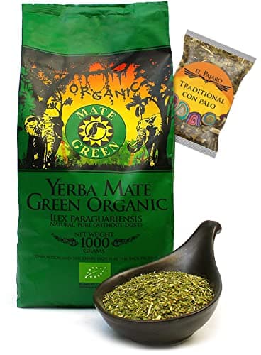 Mate Green Mate Tee Bio ● Yerba Mate Bio 1 kg ● Organisher Lose Blätter | 95% große Blätter 5% Stöcke | Traditionell geerntet, ohne Rauch getrocknet ● Brasilianischer Mate-Tee ● 25g El Pajaro Bio Öko