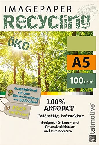 TATMOTIVE Imagepaper Recyclingpapier Öko 100g/qm A5, FSC zertifiziert, geeignet für alle Drucker, 500 Blatt Kopierpapier Druckerpapier nachhaltig