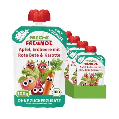 FRECHE FREUNDE Bio Quetschie Apfel, Erdbeere mit Rote Bete & Karotte, Fruchtmus mit Gemüse im Quetschbeutel für Babys ab dem 6. Monat, vegan, 6er Pack (6 x 100g) Bio Vegan