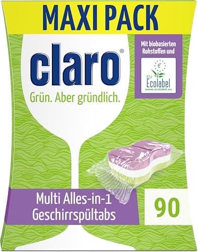 claro Multi All-in-1 Geschirrspül-Tabs - 90 Spülmaschinen-Tabs - phosphatfrei, umweltfreundlich & vegan - wasserlösliche Folie - Öko - Vegan