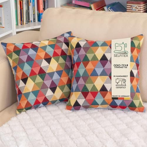 Selfitex 2er Set 40x40 Bunte Sofakissen inkl. Füllkissen, Luxus Sofakissen, farbenfrohes Couchkissen Set, hochwertiger Couchkissen Muster Bezug mit Reißverschluss, Bunte Kissen Deko (Dreieck)
