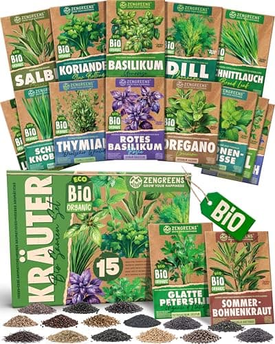 ZenGreens® - Bio Kräuter Samen Set - 15 Kräutersamen für den einfachen Anbau im Garten, Balkon oder Hochbeet - Pfalnzensamen - Saatgut Bio Öko