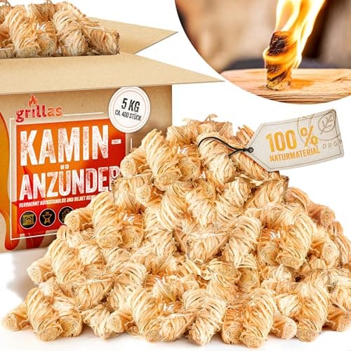grillas Kaminanzünder 5 kg (ca. 400 Stück) Grillanzünder aus Bio Holzwolle & Wachs | Anzünder Kohleanzünder Ökologisch | Wachsanzünder Umweltfreundlich | Anzündwolle Ofenanzünder Lange Brenndauer Bio Öko