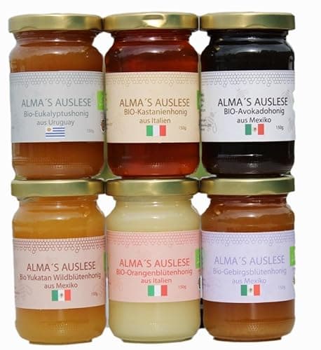 ALMA’S AUSLESE - Premium Bio-Honig Packung – 6 Sorten aus aller Welt, 6x150g – Eukalyptus, Kastanie, Avocado, Wildblumen, Orangenblüte und Gebirgsblütenhonig – Nachhaltig bezogen, 100% natürlich. Bio Öko