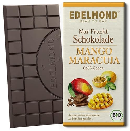 Edelmond Vegane Zartbitter Schokolade Mango Maracuja. Ohne Zusatz von Kristallzucker, Laktosefrei, Bio. Langzeit geführter Fair Trade Kakao (1 Tafel) Bio Öko Vegan