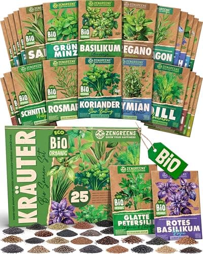 ZenGreens® - Bio Kräutersamen im 25er Set - 25 Kräuter Samen für den einfachen Anbau im Garten, Balkon oder Hochbeet - Pflanzensamen - Saatgut Bio Öko