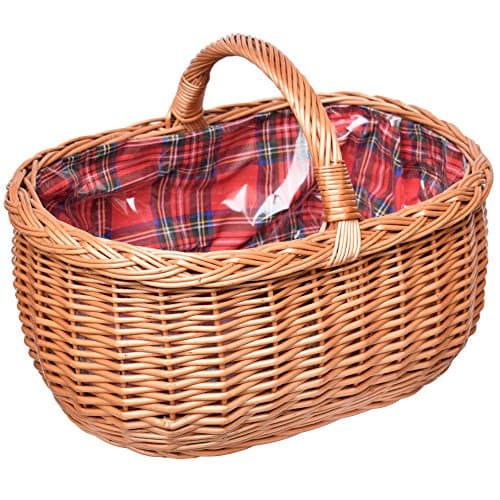 Ovaler Weidenkorb mit Henkel und kariertem Stoffeinsatz – handgefertigter Einkaufskorb aus Naturmaterial | nachhaltiger, stabiler Korb für Markt, Picknick und Geschenke Öko