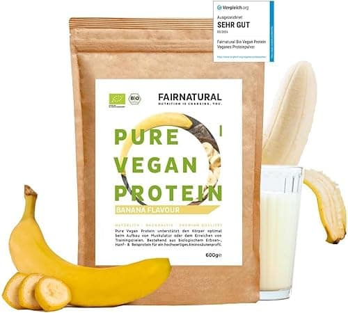 FAIRNATURAL Vegan Protein-Pulver BIO Banane, Veganes Proteinpulver ohne Soja [Regional aus Deutschland] - 5K pflanzliches Proteinpulver » Zum Backen & als Bio Eiweiß-Shake « 600g Bio Eiweißpulver Bio Öko Vegan