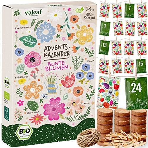 valeaf BIO Saatgut Adventskalender 2025 Blumen I 24 BIO Pflanzensamen Samen Adventskalender I Adventskalender Saatgut I Blumensamen Blumensaatgut Adventskalender Garten I Blumen Samen Saatgut Kalender Bio Öko