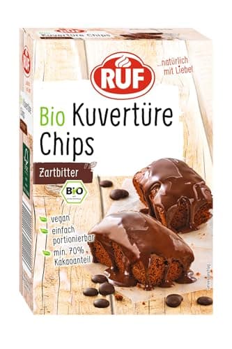 RUF Bio Kuvertüre-Chips Zartbitter, mit mind. 70% Kakaoanteil, zum Glasieren & Dekorieren von Kuchen, Torten & Keksen, glutenfrei & vegan, 1 x 150g Bio Vegan