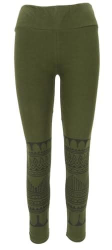 GURU SHOP Psytrance Goa Damen Leggings, Bedruckte Tribal Yoga Leggings - Olivgrün, Baumwolle, Size:L Öko