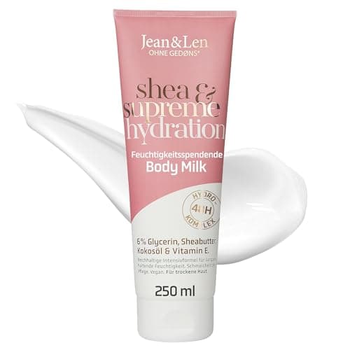 Jean & Len Body Milk shea & supreme hydration, für trockene Haut, spendet der Haut 48 Stunden Feuchtigkeit, mit Vitamin E, cremige Textur, duftet nach Kokos, ohne Parabene & Silikone, vegan, 250 ml Öko Vegan