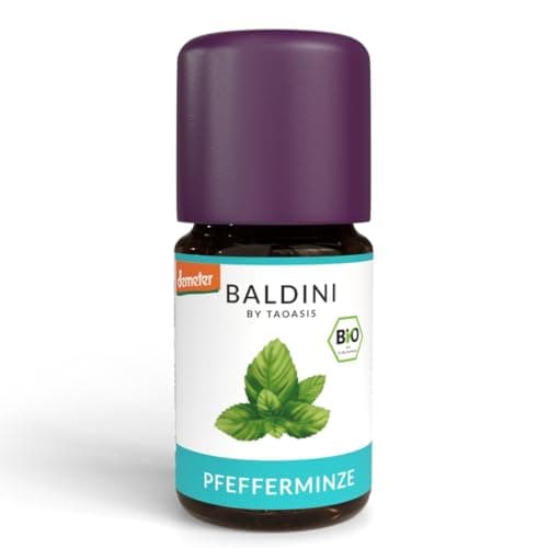 Baldini Bio-Aroma Pfefferminze – 100 % naturreines ätherisches Öl (Mentha piperita) – Demeter- und lebensmittelzertifiziert – Vielseitig einsetzbar für Küche, Duftlampe & Hautpflege – 5 ml Bio