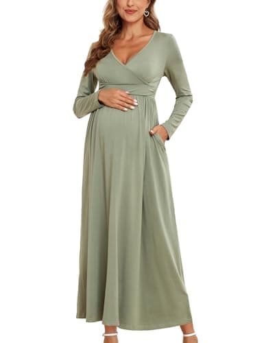 AISWI 2025 Damen Umstandskleid, Maxikleid, langärmelig, Wickelkleid, V-Ausschnitt, Schwangerschaftskleider mit Taschen, Babyparty, Fotoshooting, formell, 2. Langarm, Salbeigrün, Klein Öko