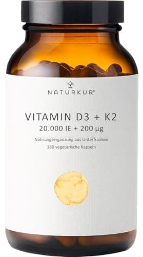 Naturkur® Vitamin D3 20.000 I.E. + Vitamin K2 MK7 200 mcg - 180 Kapseln im Apothekerglas - Ohne unerwünschte Zusatzstoffe, in Handarbeit hergestellt in Unterfranken Bio Vegan