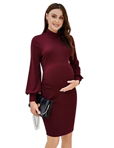 KOJOOIN Damen Umstandskleid Schwangerschafts Langarm Umstandskleider Rollkragen Umstandskleider mit Seite Geraffen Weinrot M